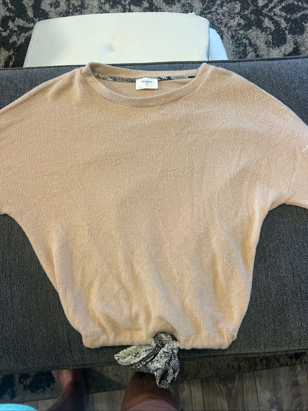 Everly Crewneck Knit Sweater in Light Beige Small with tie at bottom made in USA